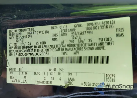 2016 Ford Escape S из США, поврежденный, VIN 1FMCU0F76GUC23051